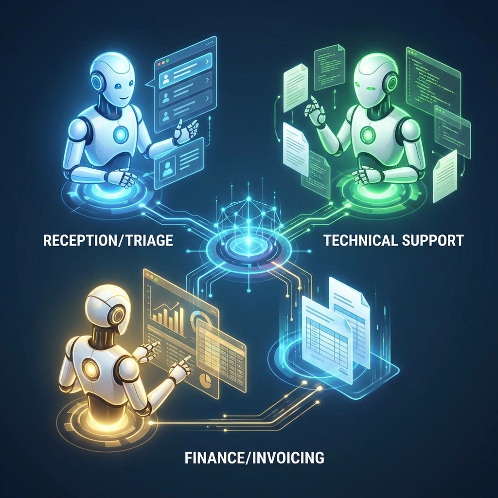Futuristic team of specialized AI agents working together